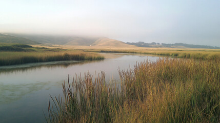 A foggy coastal marsh with tall grasses, a reflective body of water, and distant hills covered in mist.