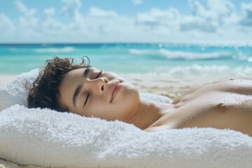 A young man sleeps peacefully on a beach towel  enjoying the sun and ocean breeze.