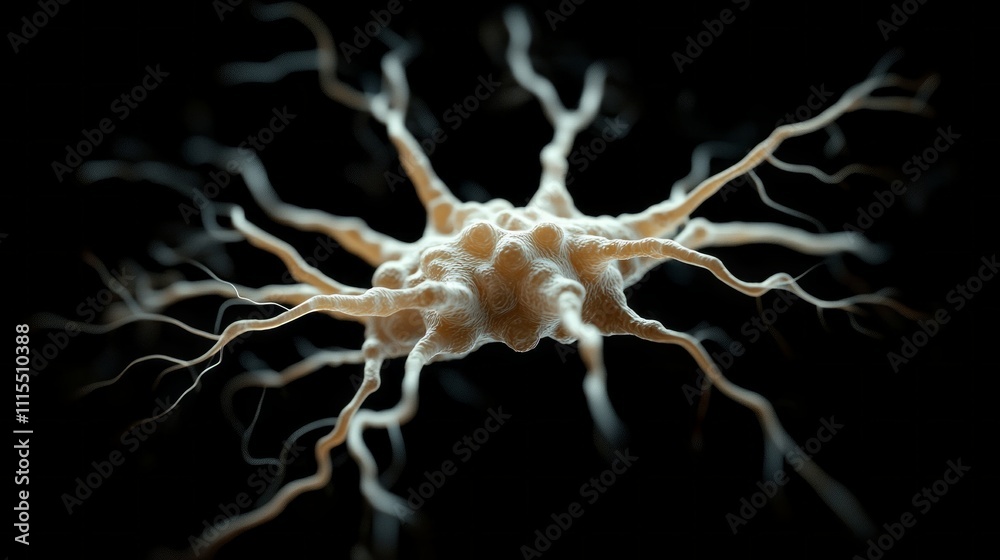 Poster A visual representation of a hyper-realistic neural cell reveals its intricate structure, with delicate projections extending outward