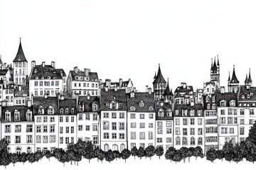 Obraz premium Detailed Urban Landscape in Black and White Line Art