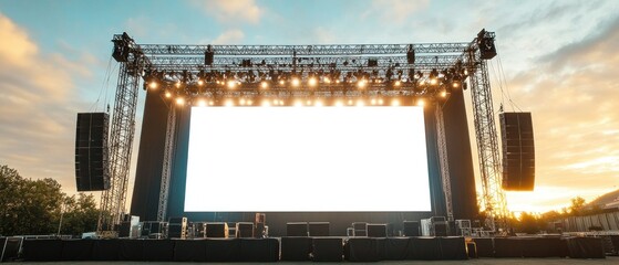 Outdoor concert stage supports blank white screen, sound system, dynamic lighting fixtures, background AI generated image