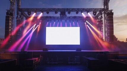 Outdoor concert stage rigging, blank white screen ready for visuals, and sound system, lighting spotlights emit colorful rays background AI generated image