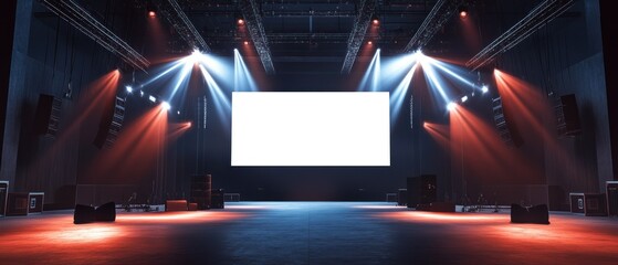 Luxury indoor stage for events, white digital screen for visuals, speaker system, background AI generated image