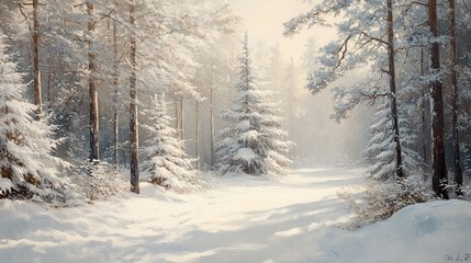 Obraz premium Winter Wonderland: Serene Snow-Covered Forest Path