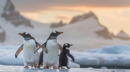 Fototapeta premium Tranquil Family of Penguins on Icy Landscape A Serene Morning in the Antarctic