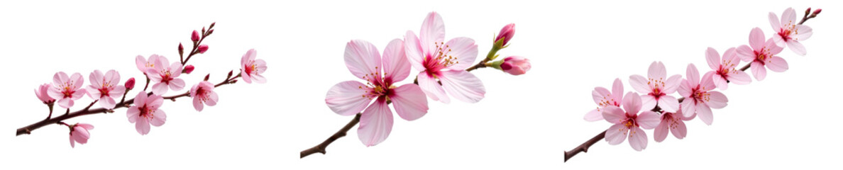 Obraz premium Variety of pink cherry blossom branches displaying delicate flowers and buds for artistic projects and designs on white transparent background or PNG