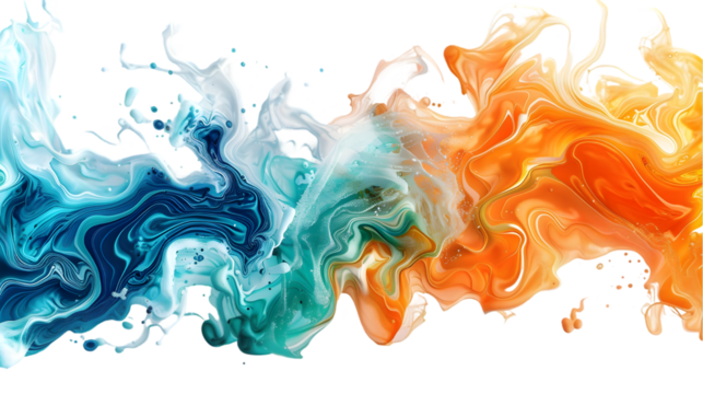 Orange, Blue, Green liquid colour mixed isolated on a transparent background
