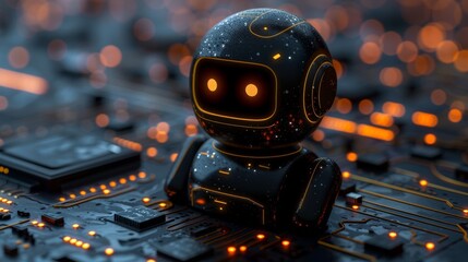 Charming ai chatbot with glowing eyes floating over a circuit board, symbolizing tech innovation