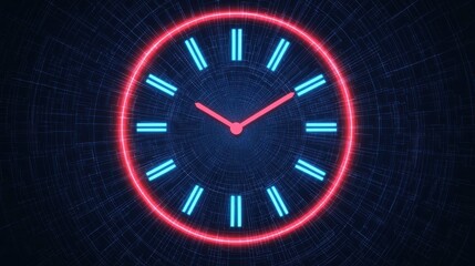 A neon clock design featuring blue and pink colors against a dark background, symbolizing time.