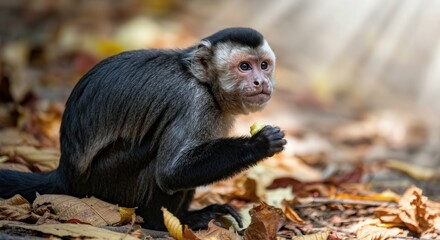 Capuchin monkey in autumn forest scene with sunlit leaves
