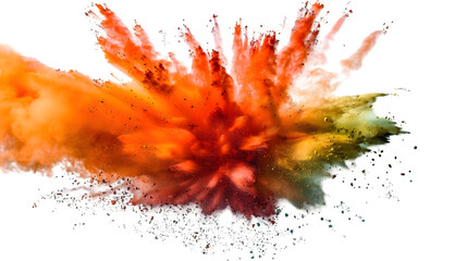 Orange, Red, Green colours powder exploding isolated on a transparent background