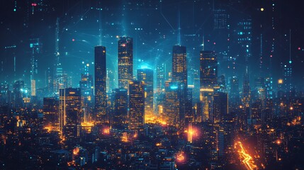 Fototapeta premium A futuristic digital city at night, illuminated with advanced technology and vibrant lights, representing modern urban development and commercial innovation.