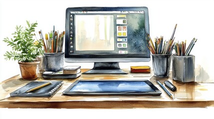 Creative Workspace: Artist's Digital Studio | Watercolor illustrations