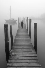Obraz premium Solitary Stroll on a Misty Dock