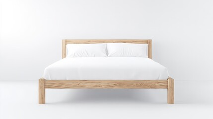 Obraz premium Minimalist Wooden Bed with White Bedding in Bright Room Atmosphere