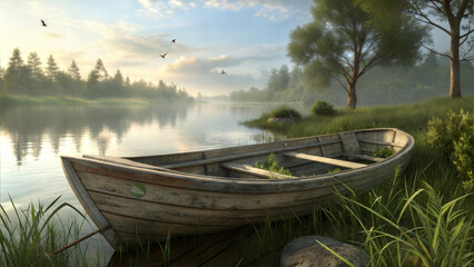 Obraz premium Old wooden boat on grassy riverbank with peaceful forest backdrop, tranquil countryside scenery