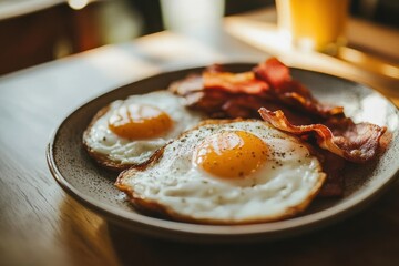 A Delicious English Breakfast Featuring Fluffy Eggs, Crispy Bacon, and Baked Beans Served on a Warm Ceramic Plate in a Bright Cafe Interior for a Relaxing Morning Experience