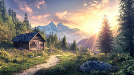 Majestic alpine sunrise illuminating a rustic cabin surrounded by lush meadows and towering mountain peaks