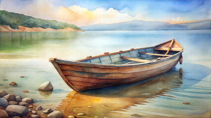 Obraz premium Watercolor-style wooden boat on calm lake surrounded by hills, tranquil artistic landscape
