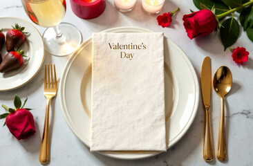 Elegant Valentine's Day mockup with a blank card, gold cutlery, red roses, and chocolate strawberries on a marble table. Ideal for romantic menus, invitations, or branding designs