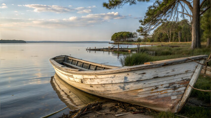 Obraz premium Vintage rowboat on peaceful lakeshore surrounded by trees, serene and timeless atmosphere