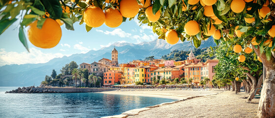 Bright oranges adorn lemon trees overlooking colorful buildings and the beach at Mentona, creating a picturesque coastal landscape