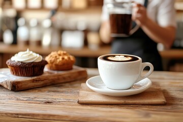 Fototapeta premium Freshly Brewed Coffee with Desserts in Cozy Cafe Setting