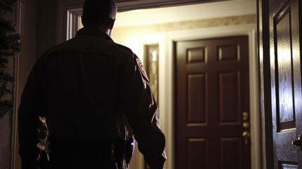 Obraz premium Detective enters suspect's home at night interior scene calm environment suspenseful perspective tension unfolds