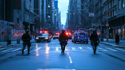 Obraz premium Police officers patrolling urban streets city center night scene intense environment security operations concept