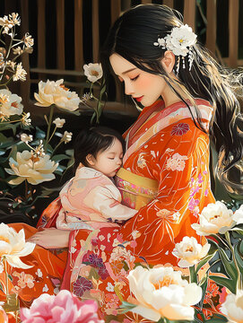 白い牡丹が咲き誇る和室で静かに眠る赤子を優しく包み込む母の優美な佇まい、オレンジ色の着物と白花が織りなす幻想的な光景、伝統と母性が調和する日本の美意識、平安絵巻のような親子の情景