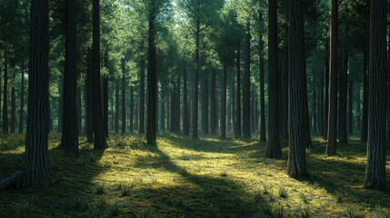 Obraz premium A serene forest scene with tall trees and soft light filtering through.