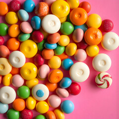 Obraz premium A top view colorful candies composition of different colored sweet and delicious candies on pink desk
