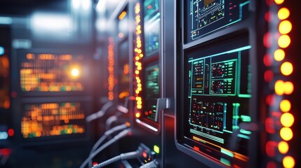 Futuristic Server Room Full of Colorful Data Displays and Interfaces