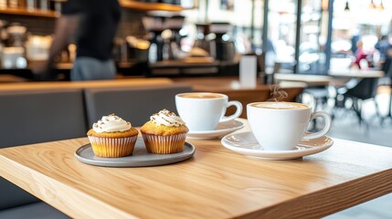 Coffee and Cupcakes on Table in Modern Cozy Cafe Setting