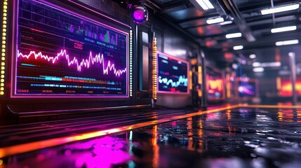 Obraz premium Futuristic Trading Room with Colorful Stock Market Graphs Displayed