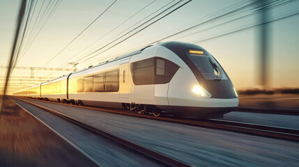 Fototapeta premium Dynamic high-speed train racing through a vibrant sunset sky, showcasing sleek design and stunning motion in warm tones
