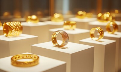 Fototapeta premium Elegant gold jewelry displayed in a luxurious jewelry store, featuring gold bangles and fine accessories in a premium setting.