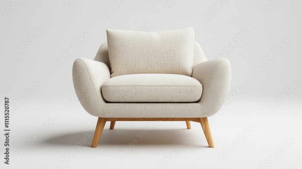 Poster A plush armchair with rounded edges sits elegantly in a softly lit room. Its neutral color and textured fabric create a warm, inviting atmosphere, perfect for relaxation and contemplation