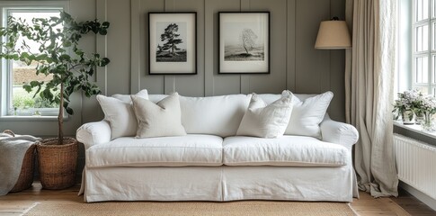 White Sofa In A Room With Greenery And Framed Art