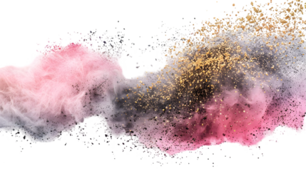 Pink, Grey, Gold colours powder exploding isolated on a transparent background