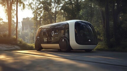 Obraz premium Futuristic autonomous vehicle in a serene forest setting, showcasing innovative transport design.