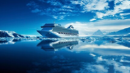Fototapeta premium Cruise ship approaches snowy landscape scenic viewpoint travel photography arctic environment tranquil atmosphere