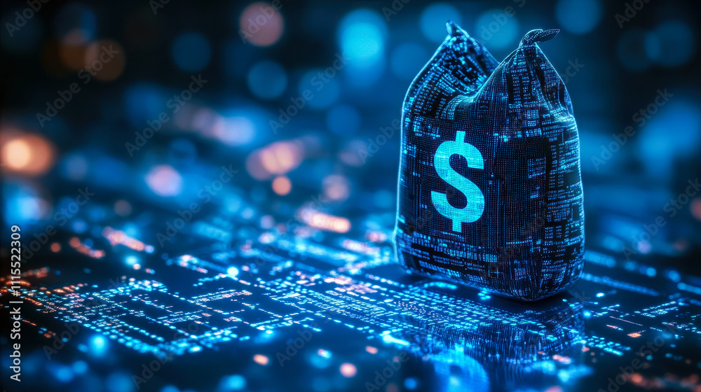 Poster digital moneybag with dollar icon and binary code for ai financial transactions and fraud detection