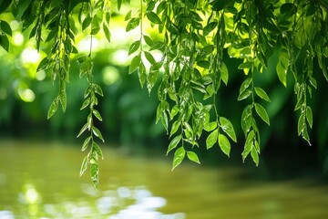 Obraz premium Lush Green Leaves with Water Droplets Above Calm Water Surface