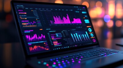 Fototapeta premium A laptop displaying data analysis and charts on a screen with a blurred background.