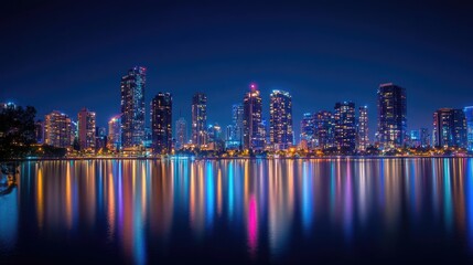 Obraz premium Night cityscape reflected in calm water. (1)