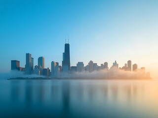 Obraz premium City skyline reflects on misty water