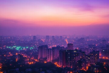 Fototapeta premium A vibrant city skyline at dusk, illuminated by city lights.