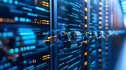 Naklejka premium Abstract 3D Data Center Illustration: Server Racks and Network Connections