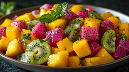 Colorful Dragon Fruit and Tropical Salad in Bowl